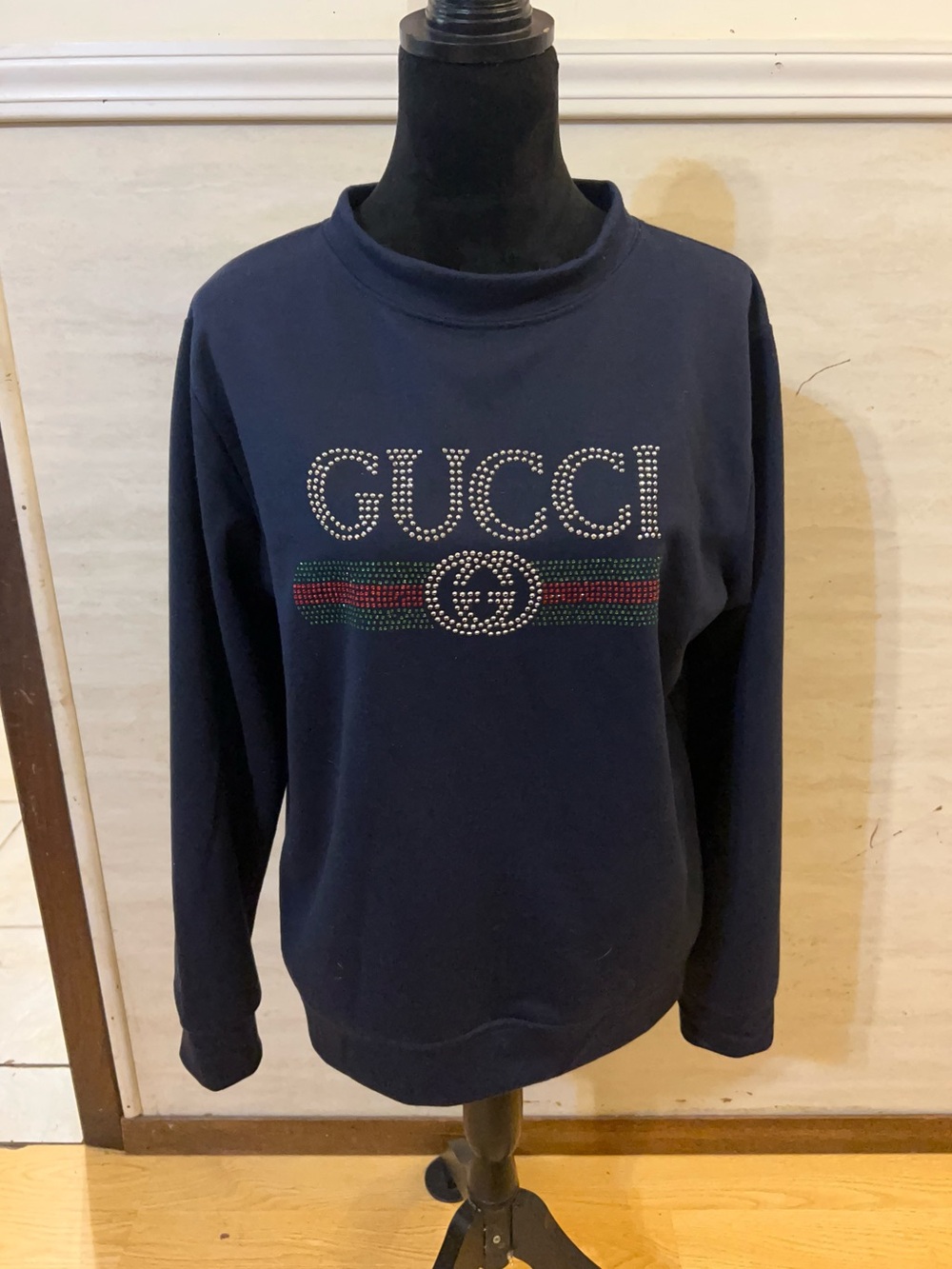 Designer Inspired Navy Crewneck Sweatshirt with Rhinestone Vintage Logo